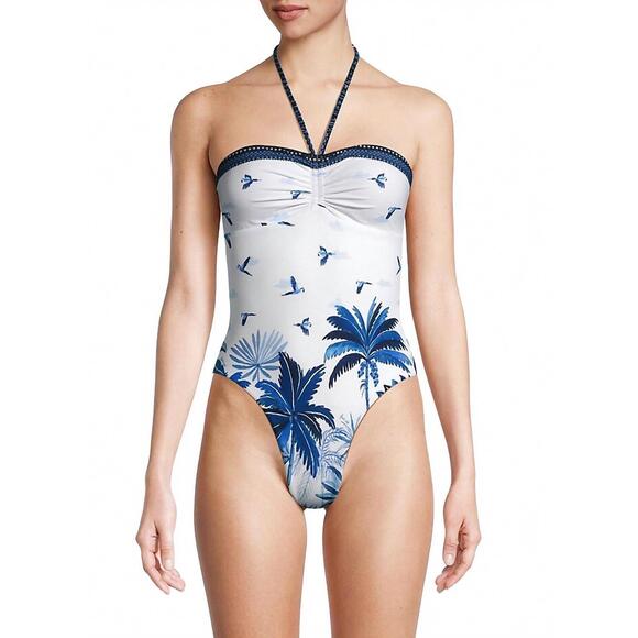 NEW FARM RIO women's dream sky halter one-piece swimsuit in blue/white